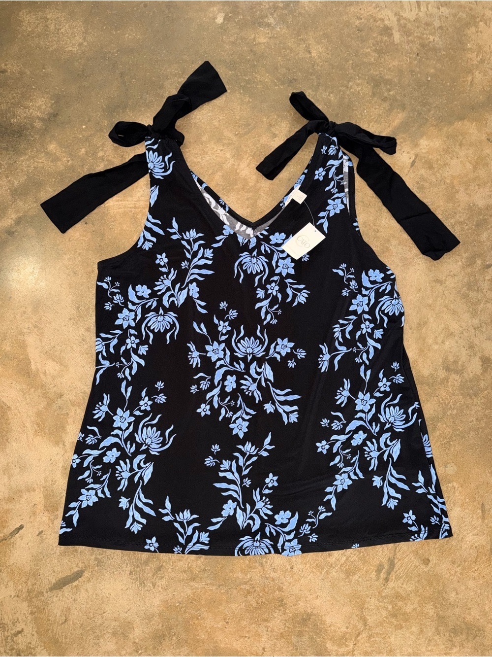 Cato Floral Tie Shoulder Tank Top NWT Black Blue Sleeveless Large
